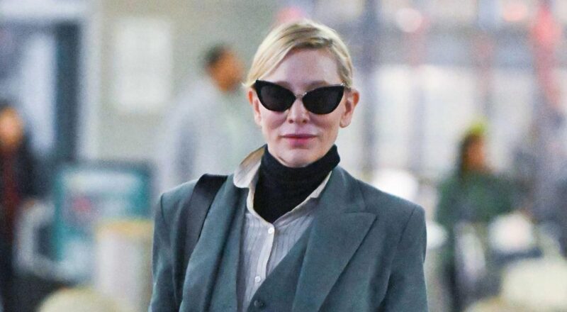 Cate Blanchett y cómo llevar el traje de chaqueta y chaleco de Mango que más estiliza a partir de los 50: así se combina con camisa de rayas